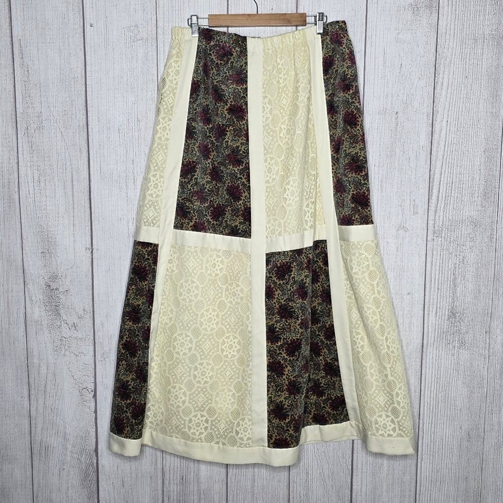 VTG 70s Chessa Davis Boho Patchwork Maxi Skirt Lace Floral Cottagecore, sz Large - Picture 2 of 4